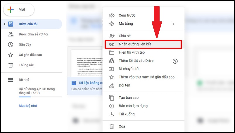 Vào Google Drive và chọn nhận đường liên kết